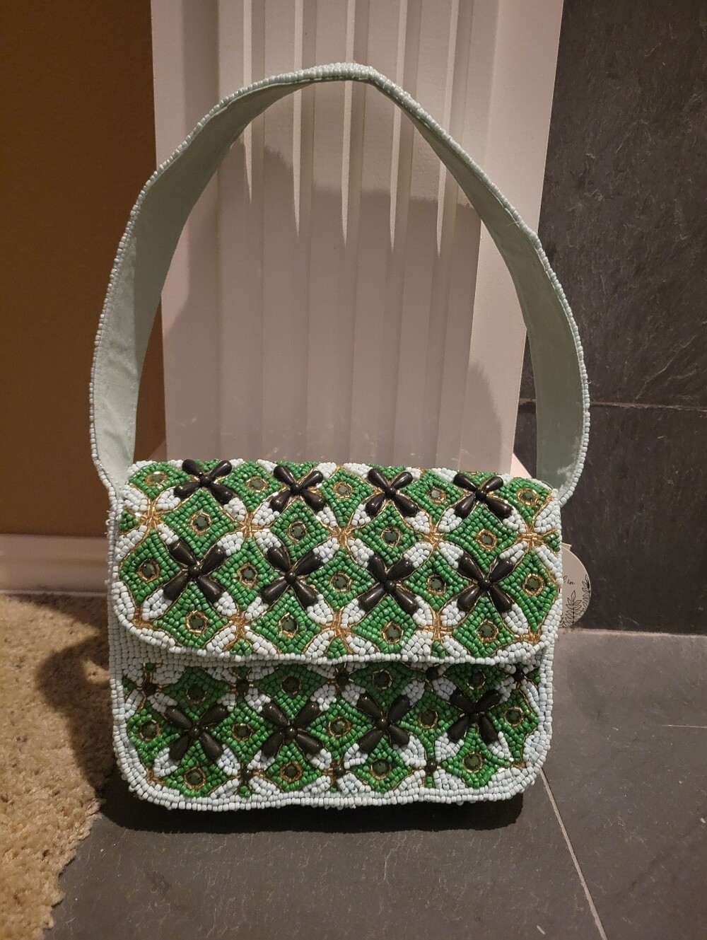 New Viral Hand beaded Green and black purse handbag flowers
